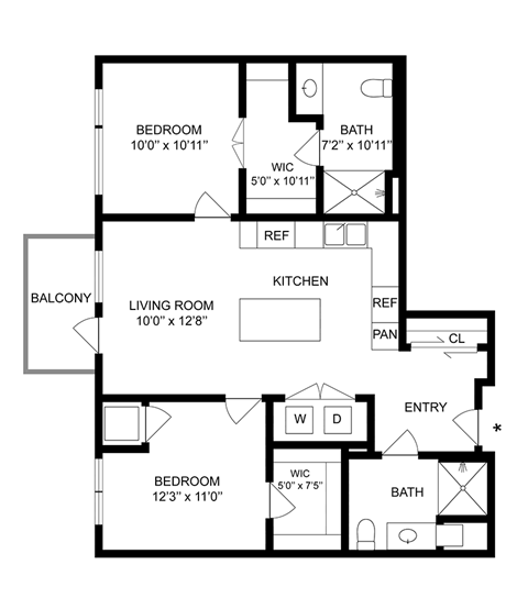 Floor plan for 2 beds, 2 baths, 966 sqft